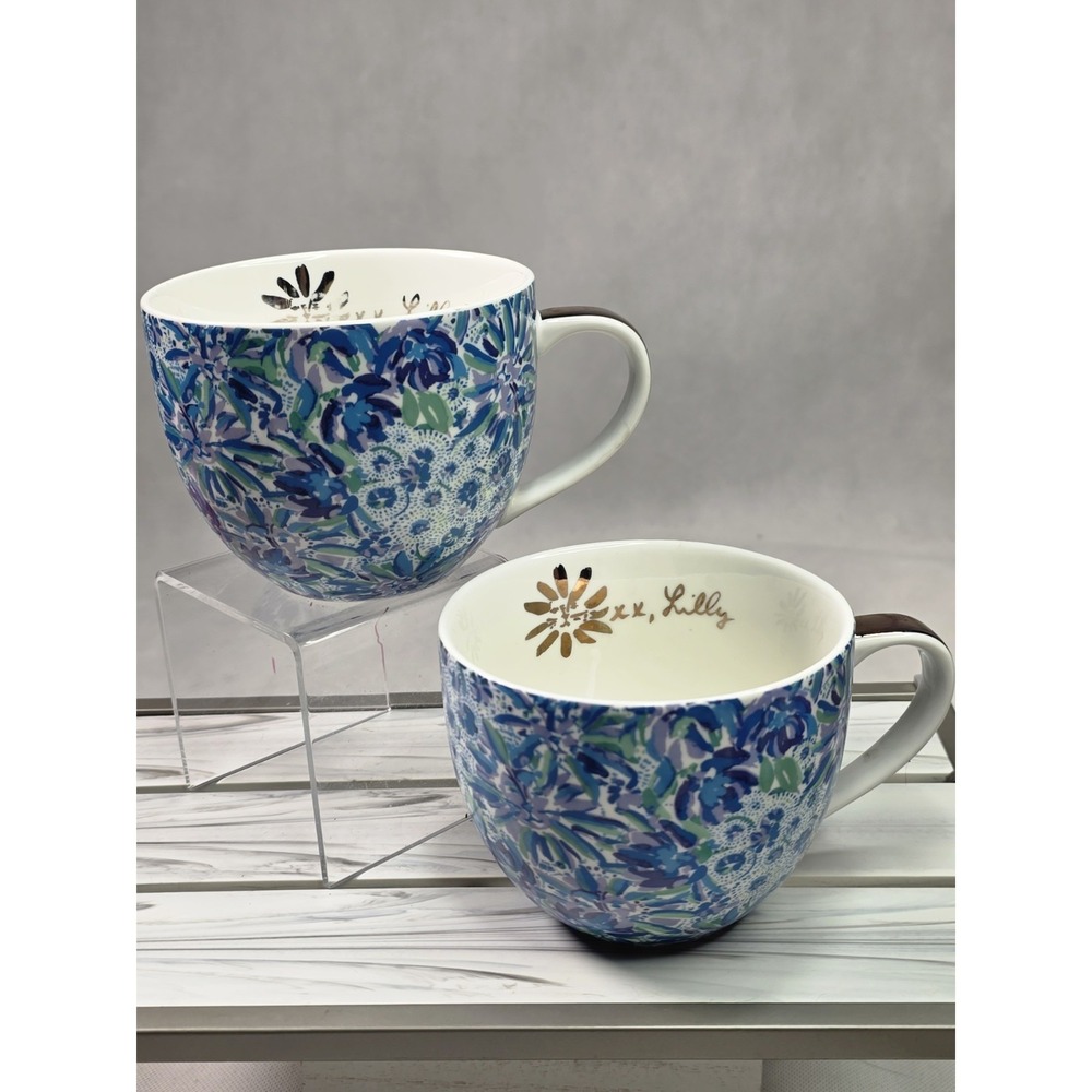 Lilly Pulitzer Ceramic Mugs Set of 2 Blue Floral Gold Trim